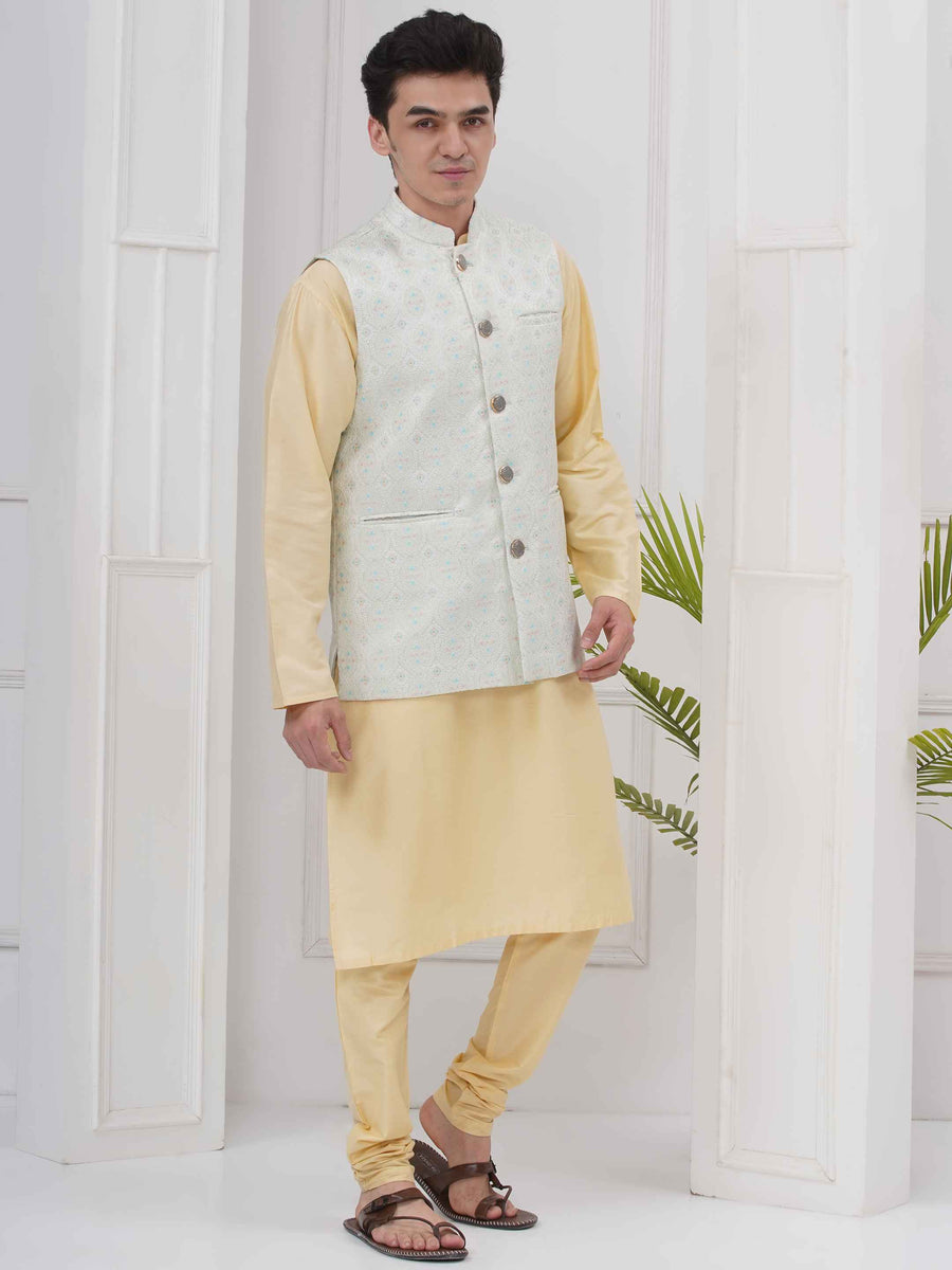 Mens Readymade Silk Cotton Kurta Pyjama With Nehru Jacket