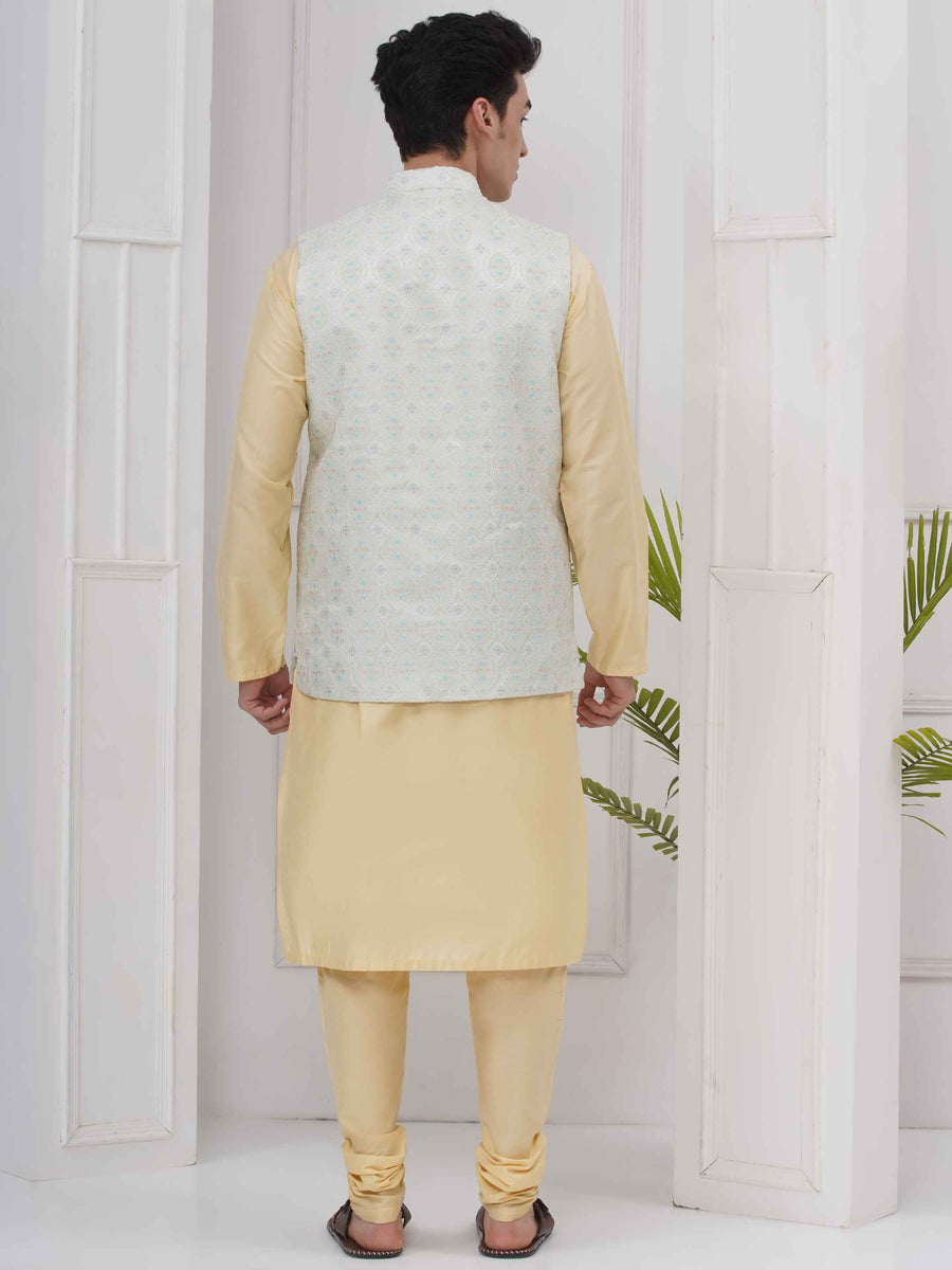 Mens Readymade Silk Cotton Kurta Pyjama With Nehru Jacket