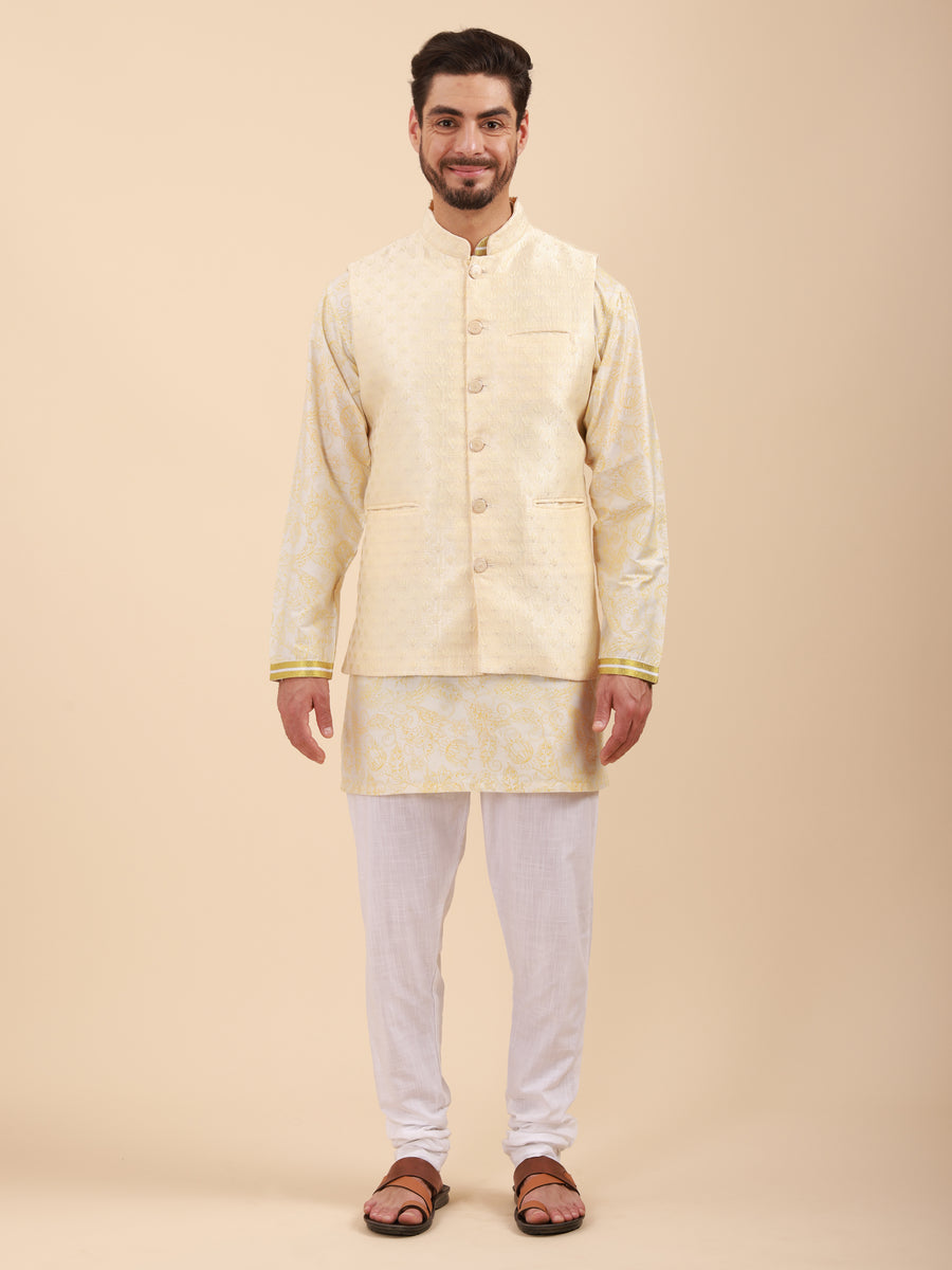 Mandarin Collar Regular Fit Kurta Pyjama Set with Nehru Jacket
