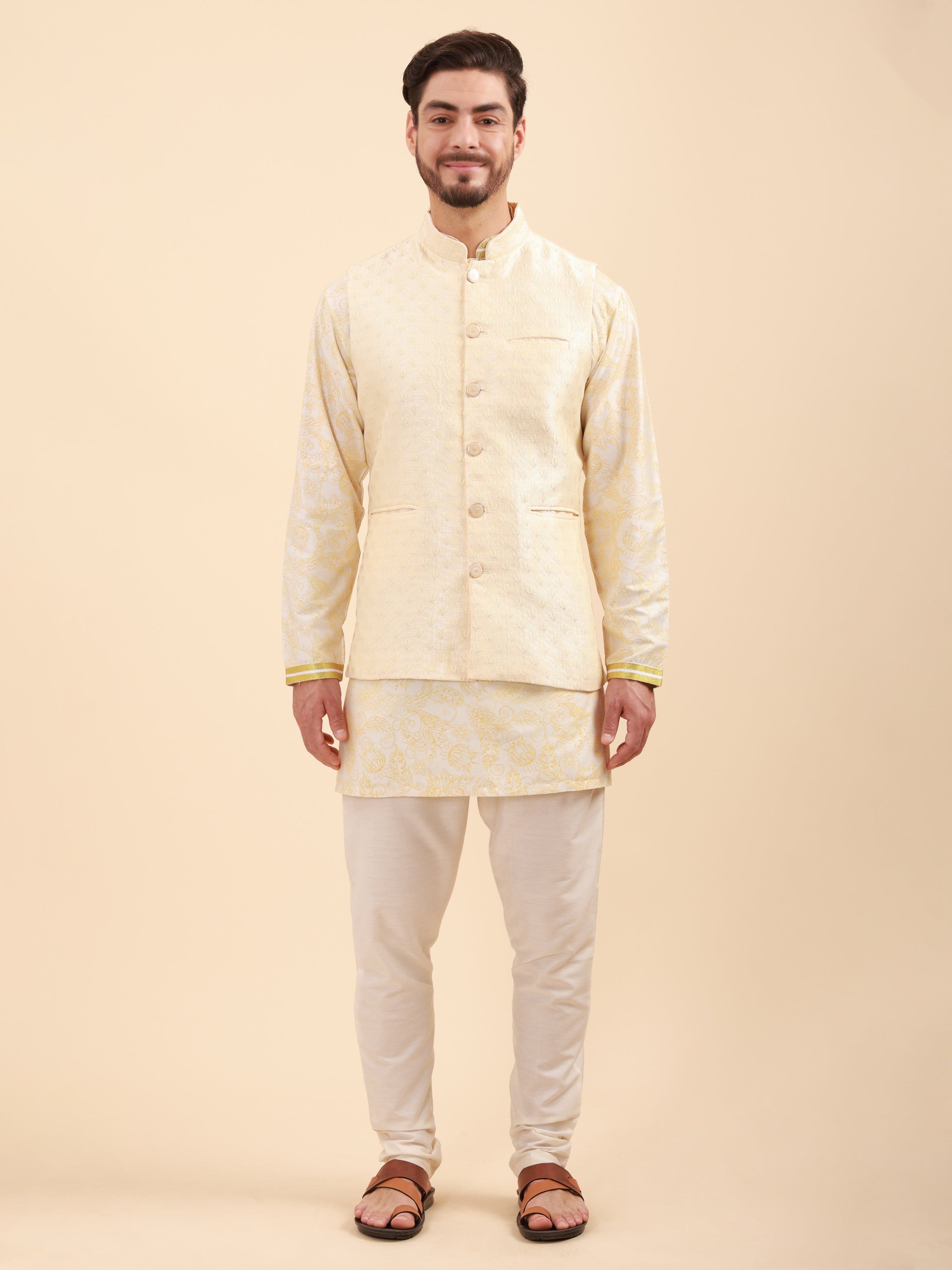 Mandarin Collar Kurta Pyjama Set with Nehru Jacket