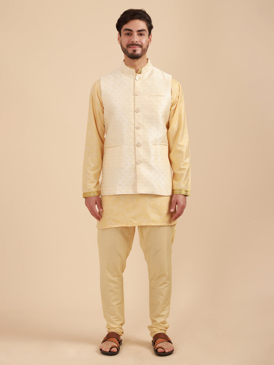 Men Floral Print Soft Silk Mandarin Collar Kurta Set with Nehru Jacket & Pyjama