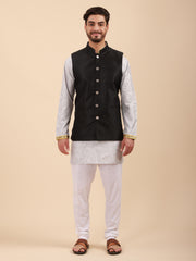 Men Floral Print Soft Silk Mandarin Collar Kurta Set with Nehru Jacket & Pyjama