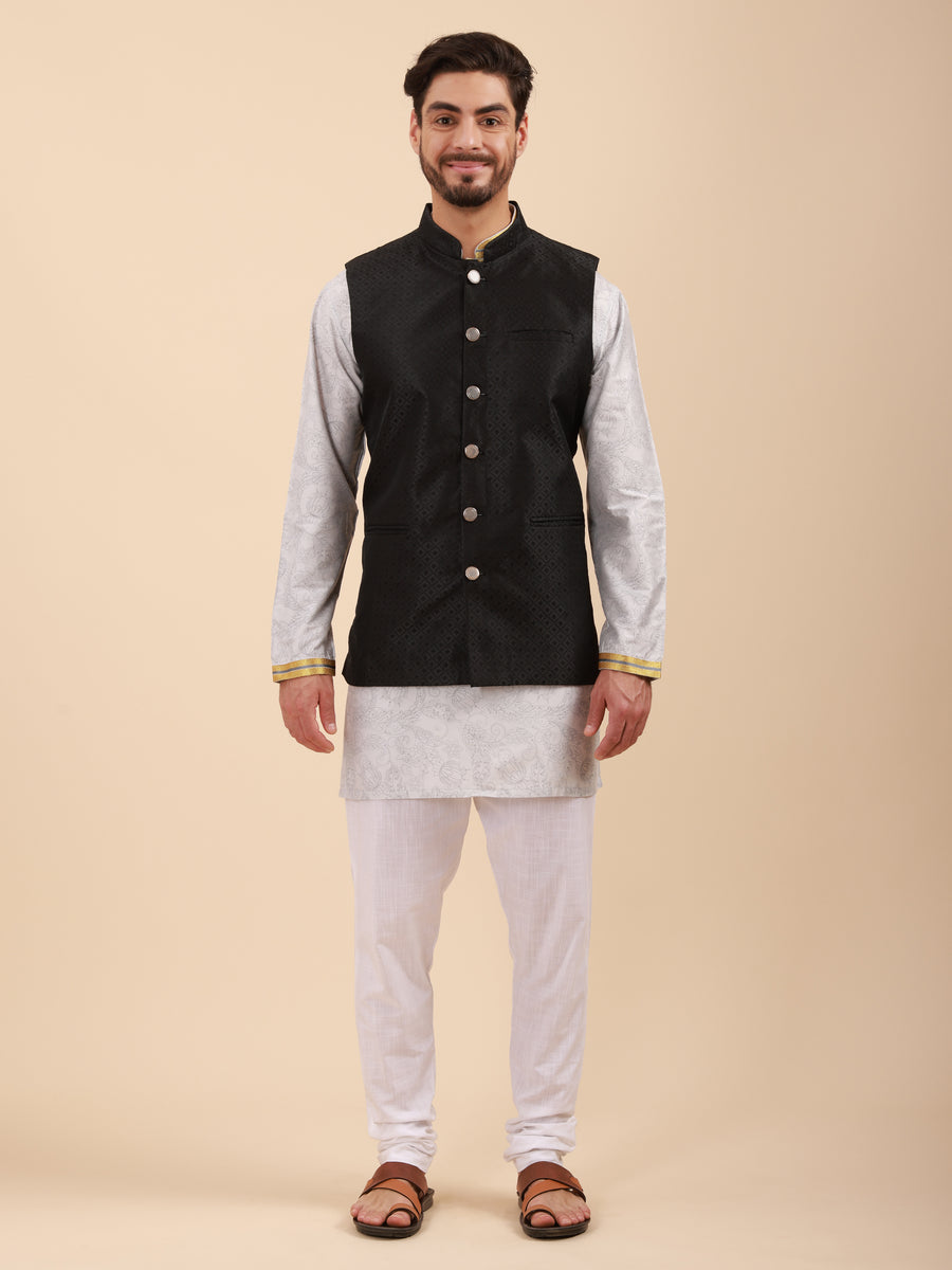 Men Floral Print Soft Silk Mandarin Collar Kurta Set with Nehru Jacket & Pyjama