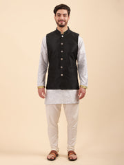 Men Floral Print Soft Silk Mandarin Collar Kurta Set with Nehru Jacket & Pyjama