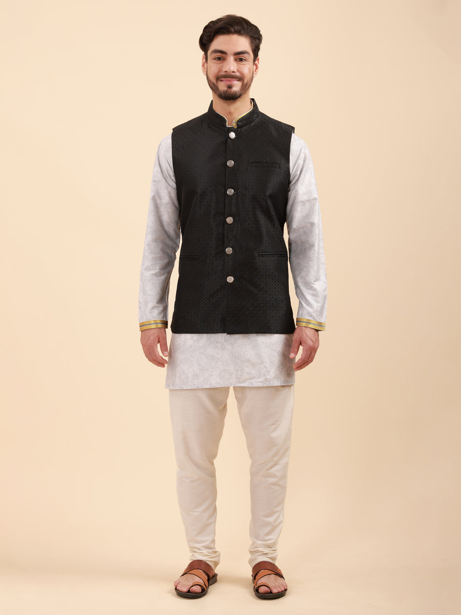 Men Floral Print Soft Silk Mandarin Collar Kurta Set with Nehru Jacket & Pyjama