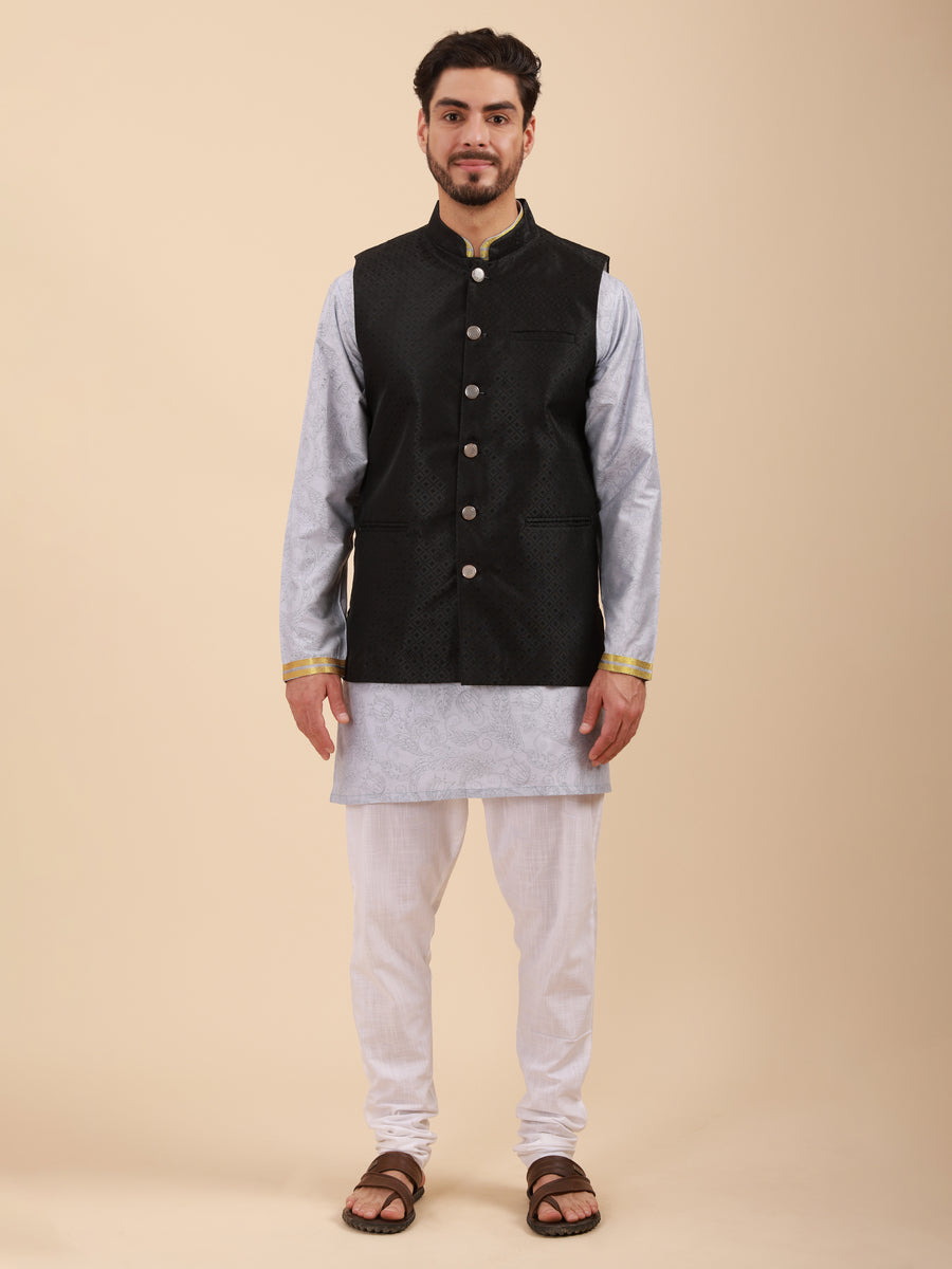 Men Floral Print Soft Silk Mandarin Collar Kurta Set with Nehru Jacket & Pyjama