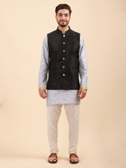Men Floral Print Soft Silk Mandarin Collar Kurta Set with Nehru Jacket & Pyjama