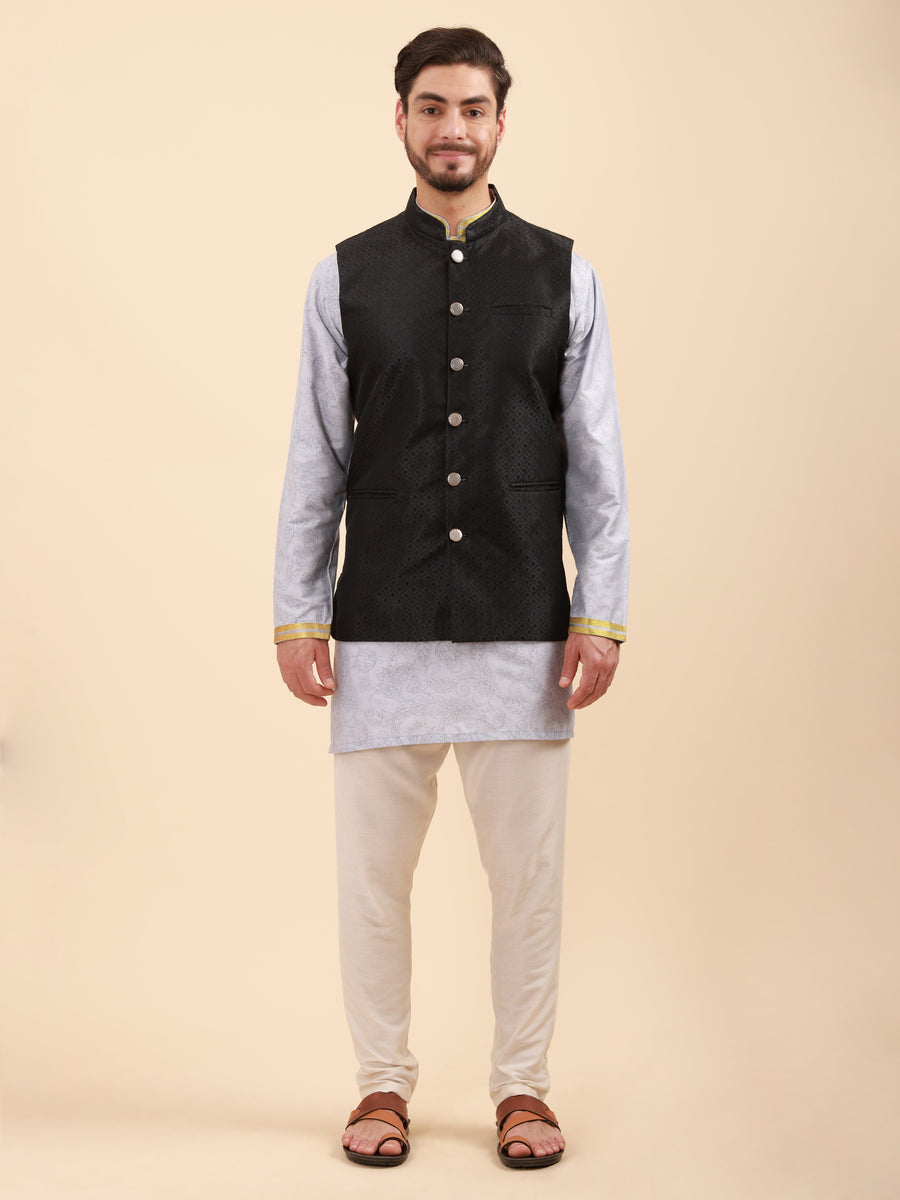 Men Floral Print Soft Silk Mandarin Collar Kurta Set with Nehru Jacket & Pyjama