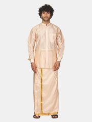 Mens Art Silk Solid Shirt with Cream Dhoti and Angavastram