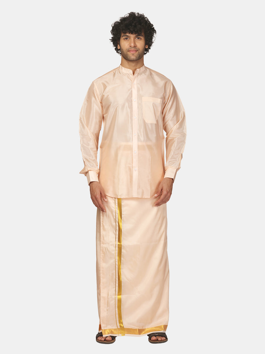 Mens Art Silk Solid Shirt with Cream Dhoti and Angavastram