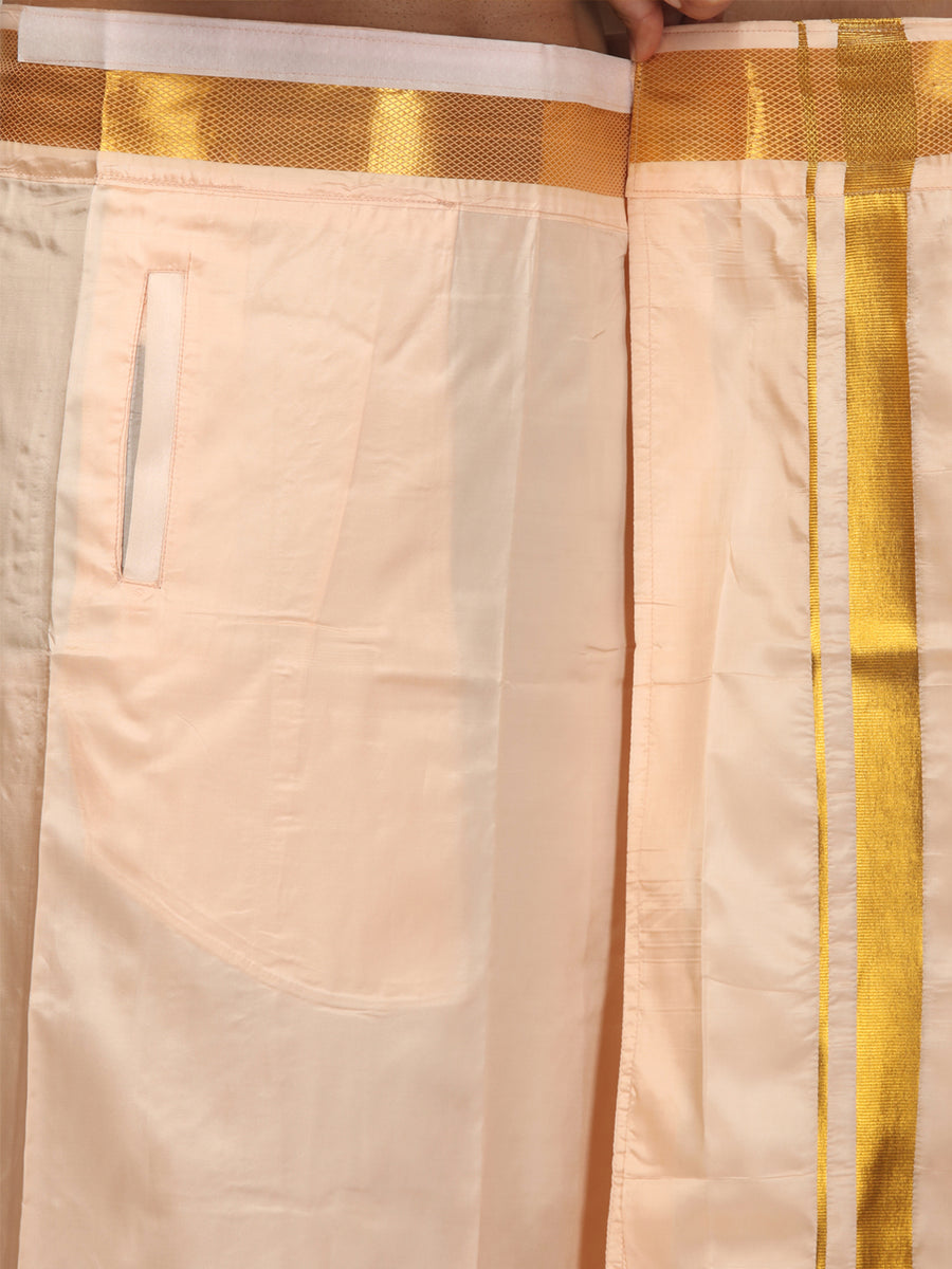 Mens Art Silk Solid Shirt with Cream Dhoti and Angavastram