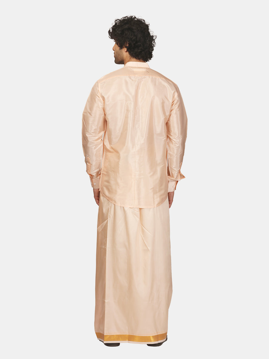 Mens Art Silk Solid Shirt with Cream Dhoti and Angavastram