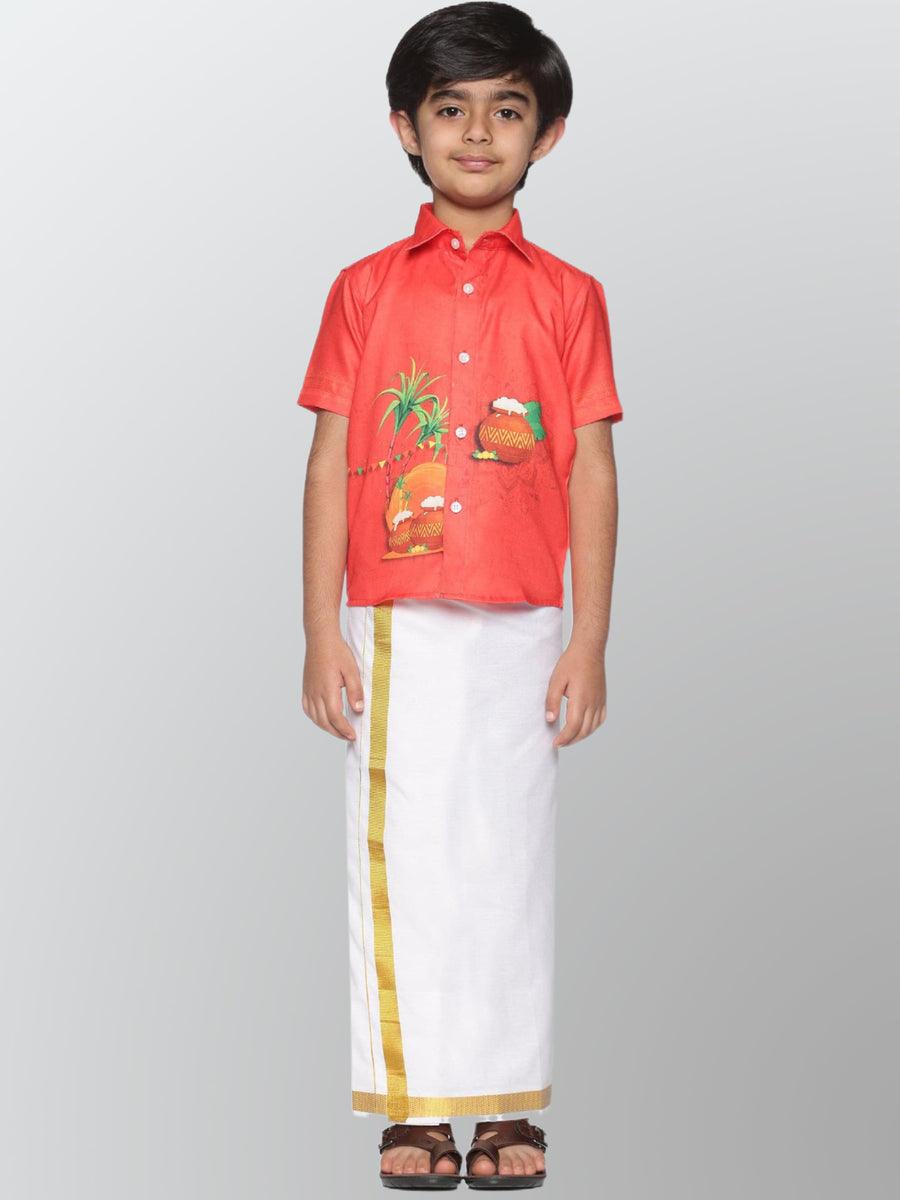 Boys Printed Pop Colour Pongal Shirt with Dhoti Set