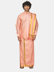Mens Art Silk Solid Shirt with Cream Dhoti and Angavastram