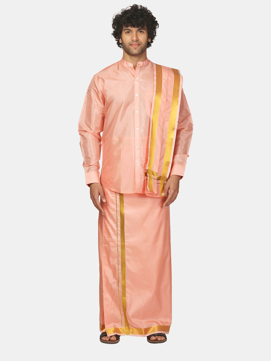 Mens Art Silk Solid Shirt with Cream Dhoti and Angavastram
