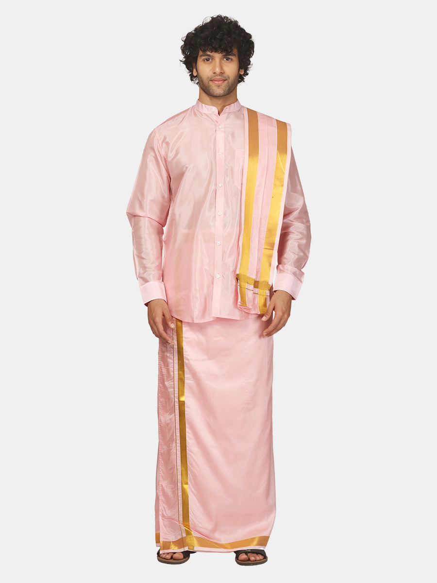 Mens Art Silk Solid Shirt with Cream Dhoti and Angavastram