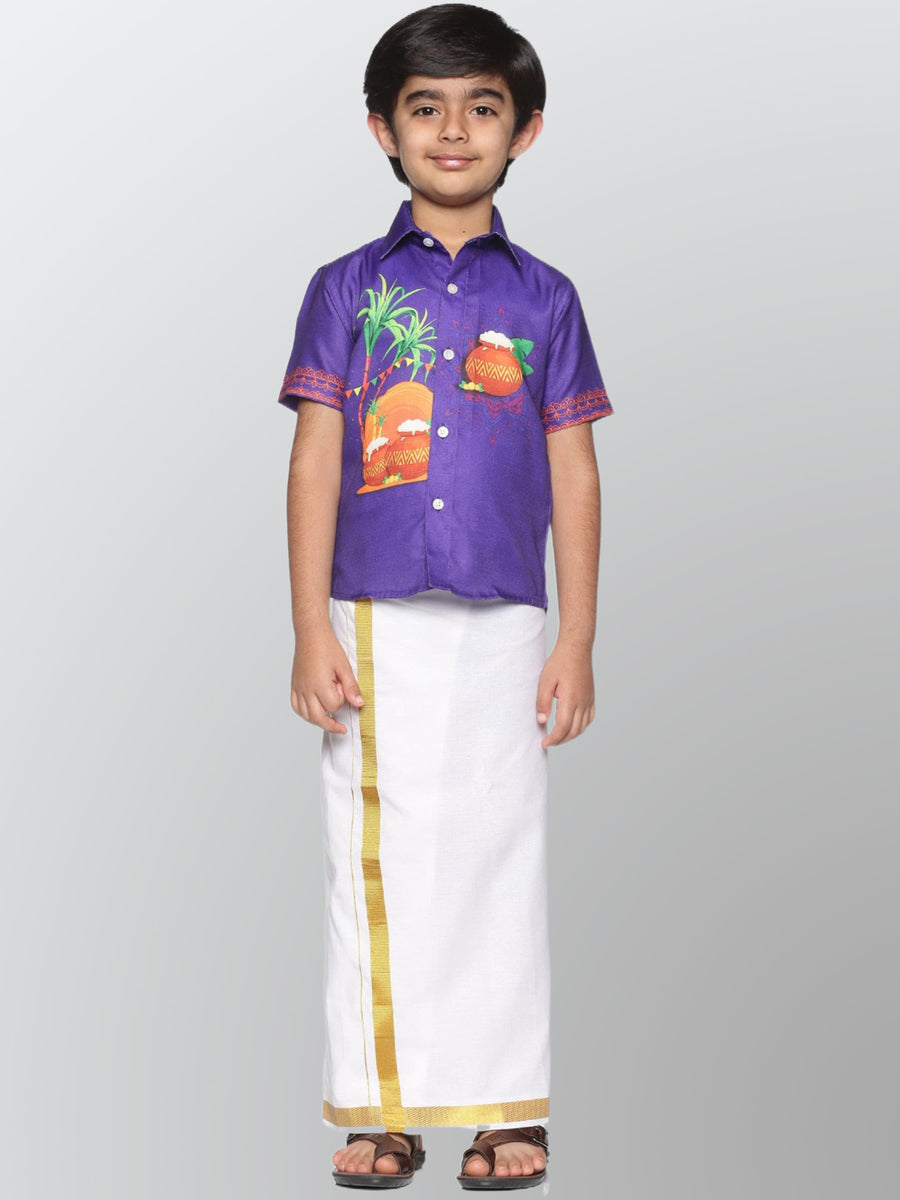 Boys Printed Pop Colour Pongal Shirt with Dhoti Set
