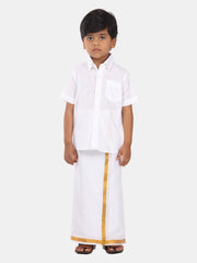Boys Solid Colour Cotton Readymade Shirt With Dhoti Set