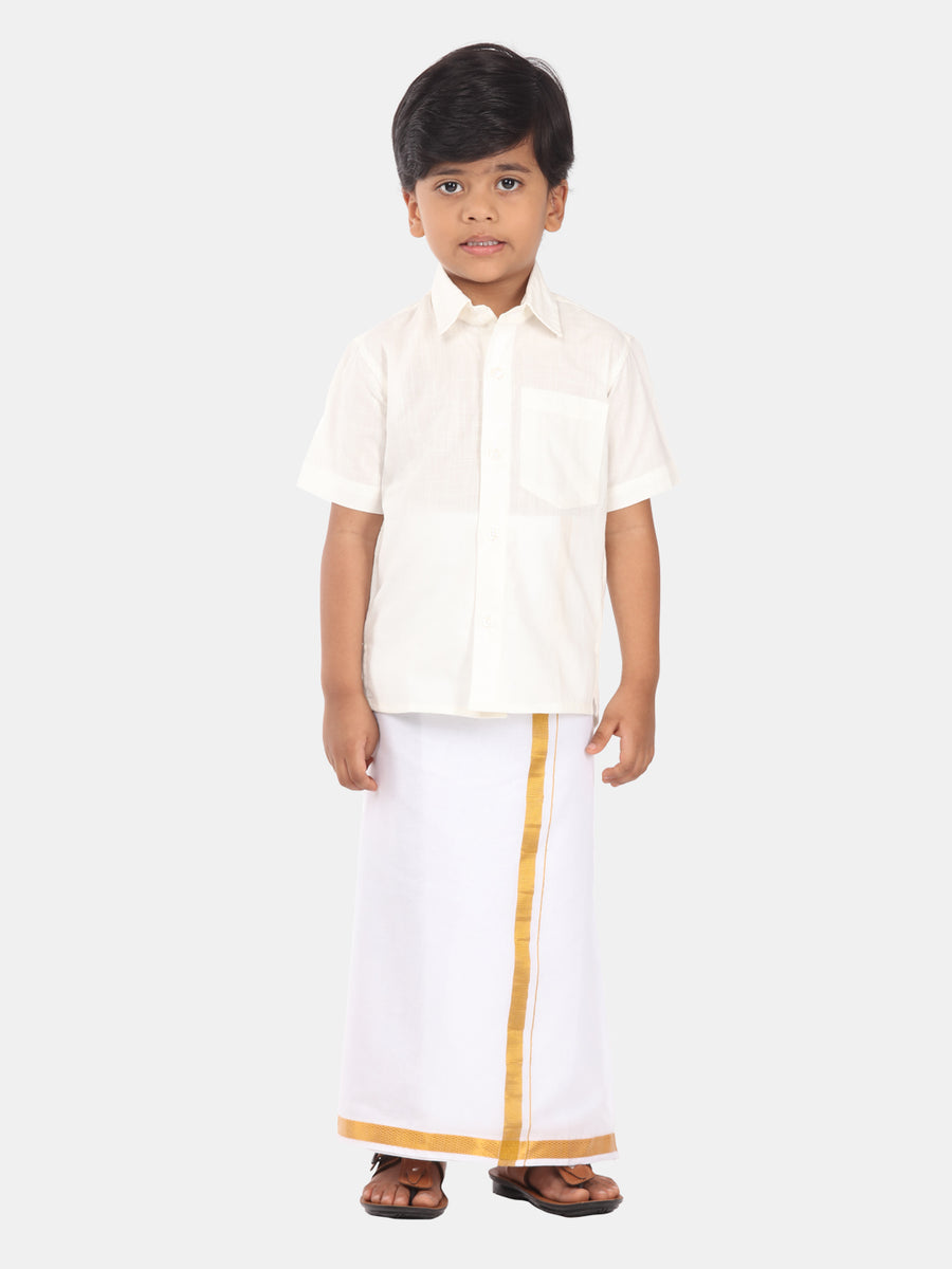 Boys Solid Colour Cotton Readymade Shirt With Dhoti Set