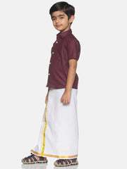 Boys Solid Colour Cotton Readymade Shirt With Dhoti Set