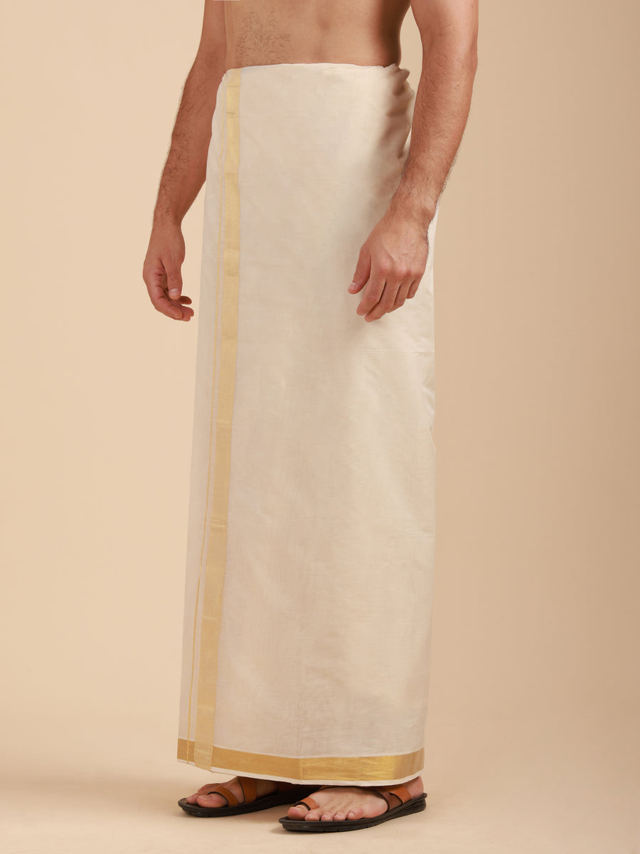 Men Super Fine 2Ply Cotton Regular Dhoti with Gold Jari Border