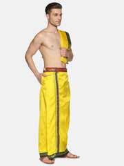 Men Yellow Art Silk Readymade Dhoti With Angavastram Set.