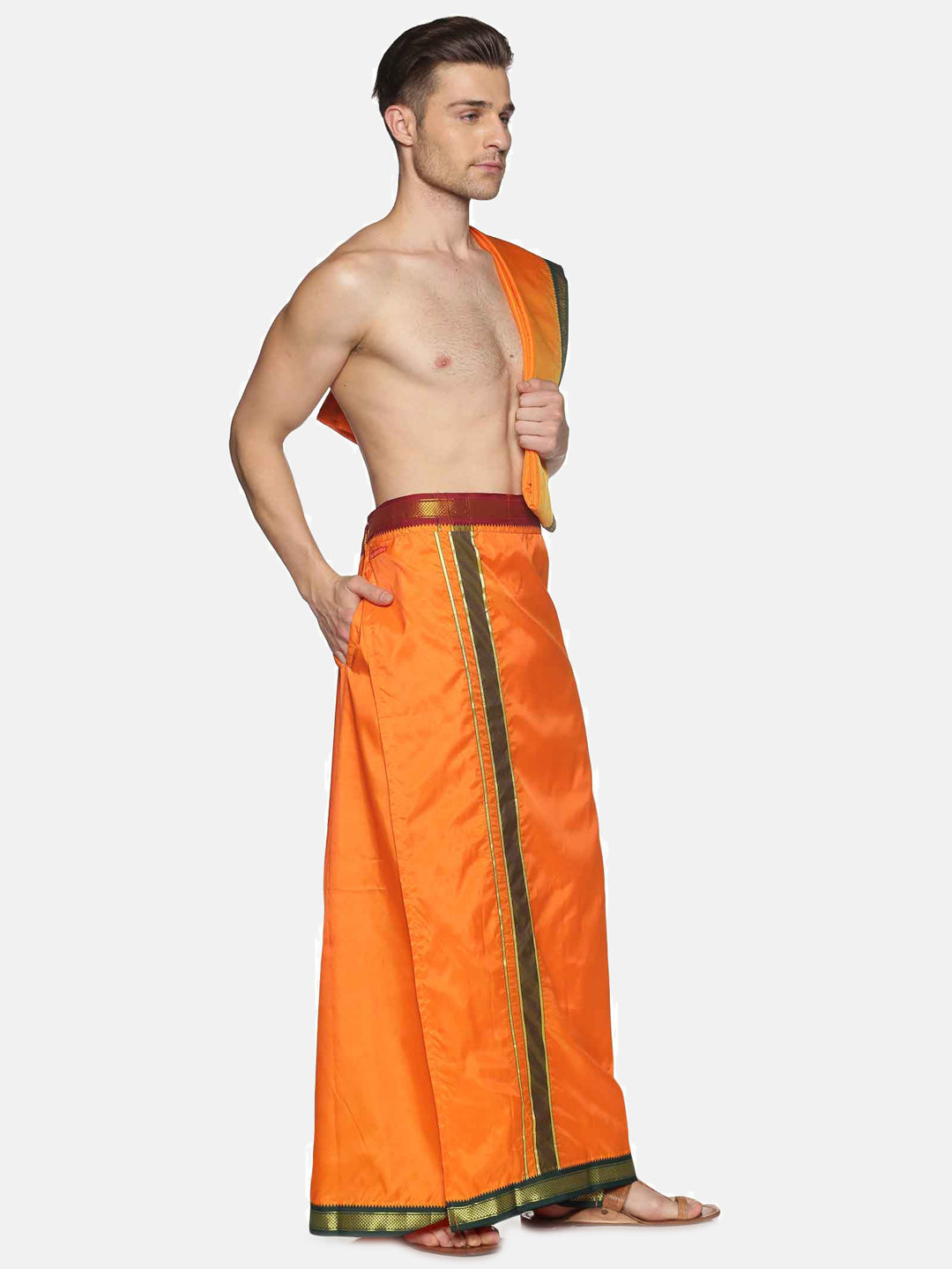 Men Orange Art Silk Readymade Dhoti With Angavastram Set.