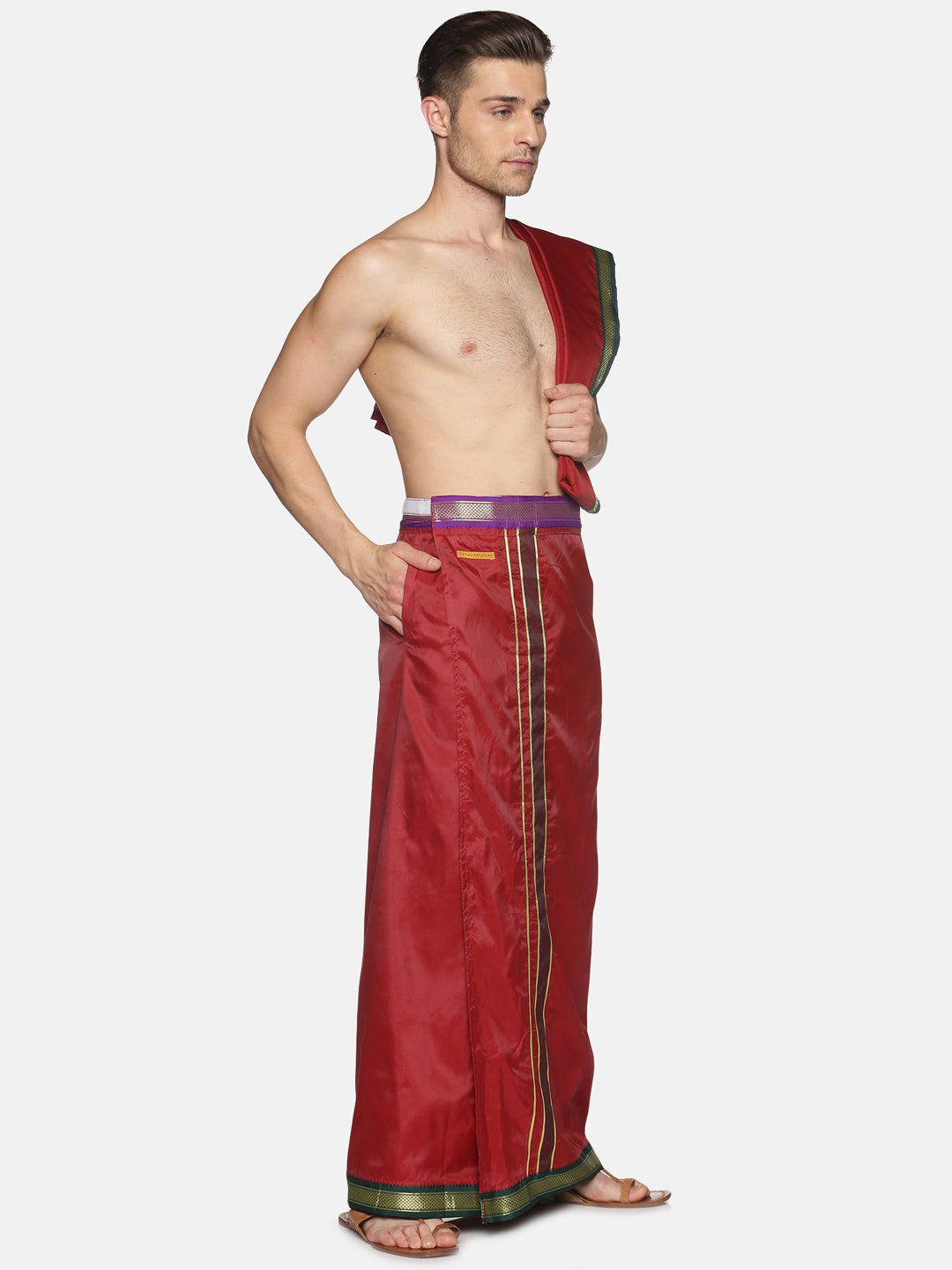 Men Maroon Art Silk Readymade Dhoti With Angavastram Set.