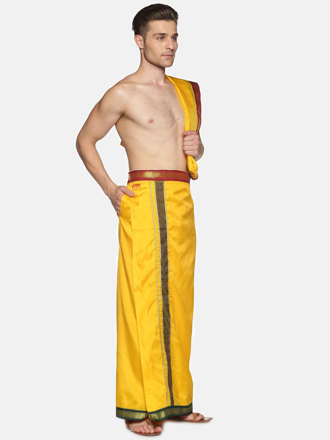 Men Mango Art Silk Readymade Dhoti With Angavastram Set.