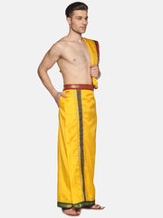 Men Mango Art Silk Readymade Dhoti With Angavastram Set.