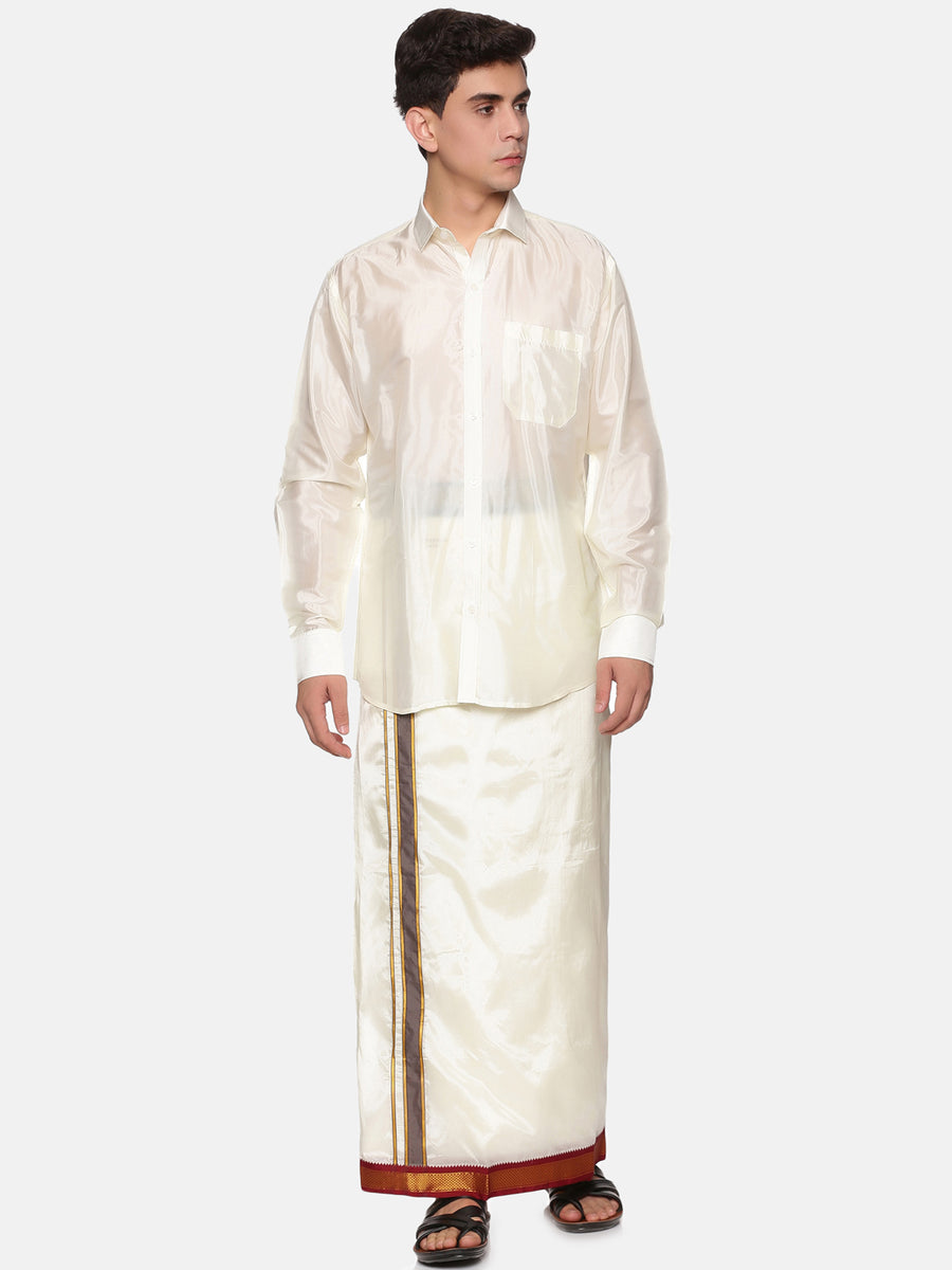 Mens Artsilk Full Sleeve Shirt with Cream Dhoti and Angavastram Set