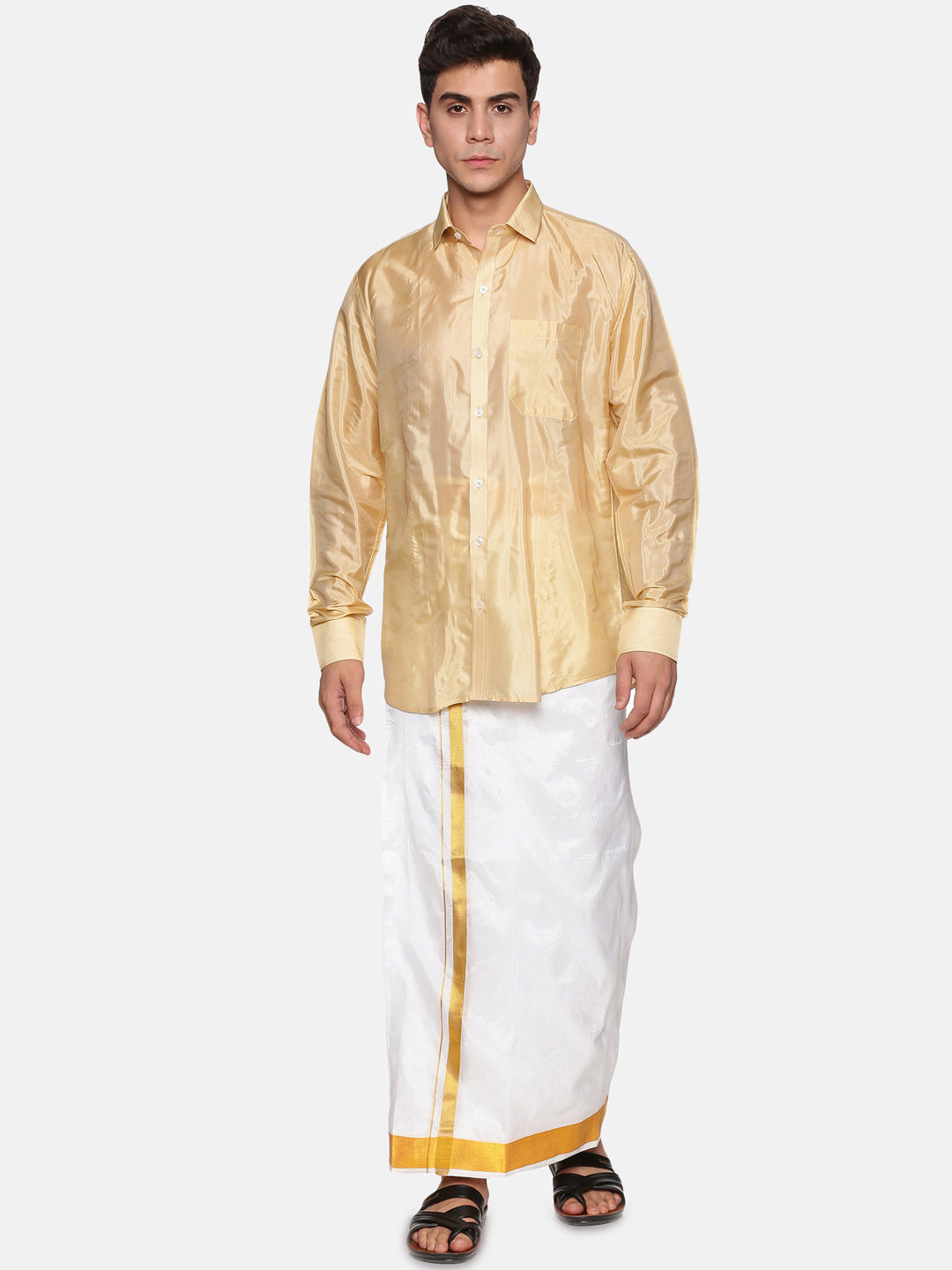 Men Artsilk Full Sleeve Shirt and Readymade Dhoti Set