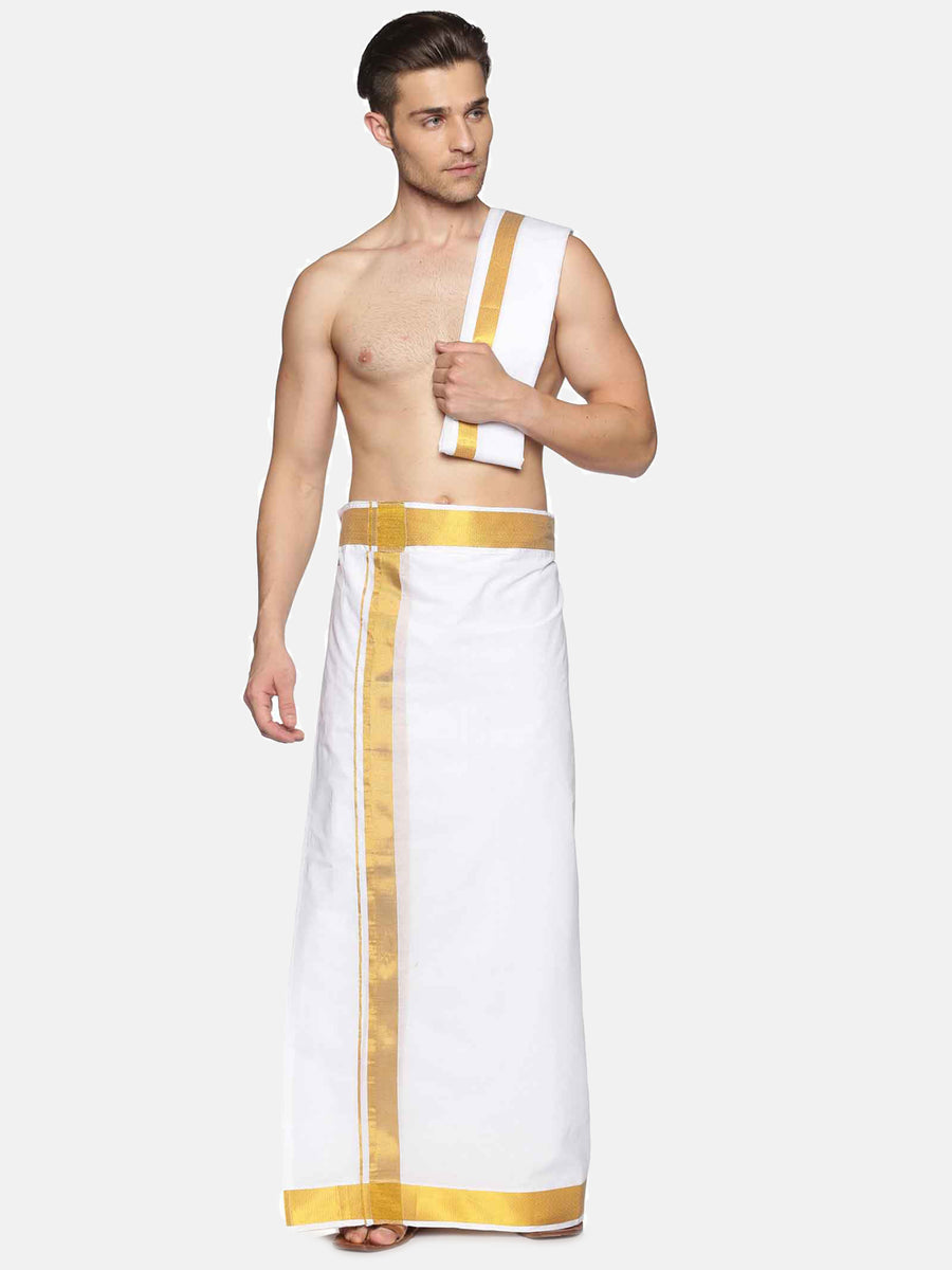 Men White Cotton Readymade Dhoti With Angavastram Set