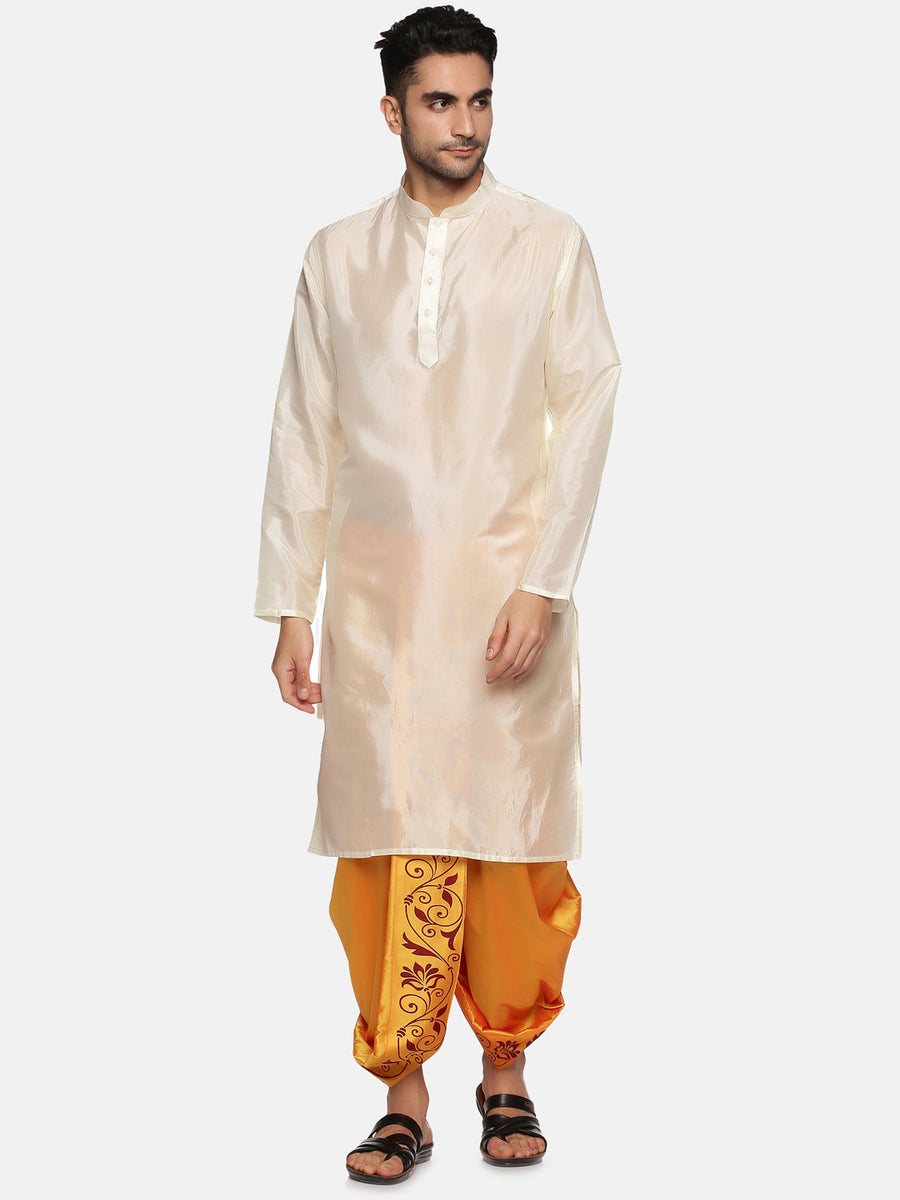 Men Yellow Colour Art Silk Kurta Dhoti Pant Set