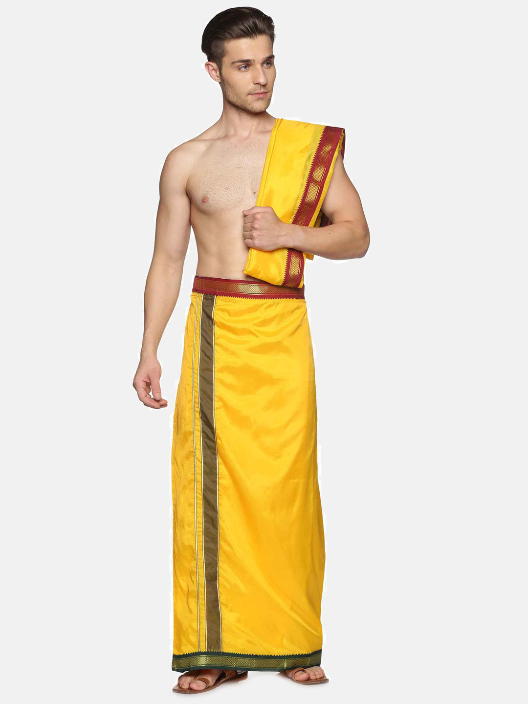 Men Mango Art Silk Readymade Dhoti With Angavastram Set