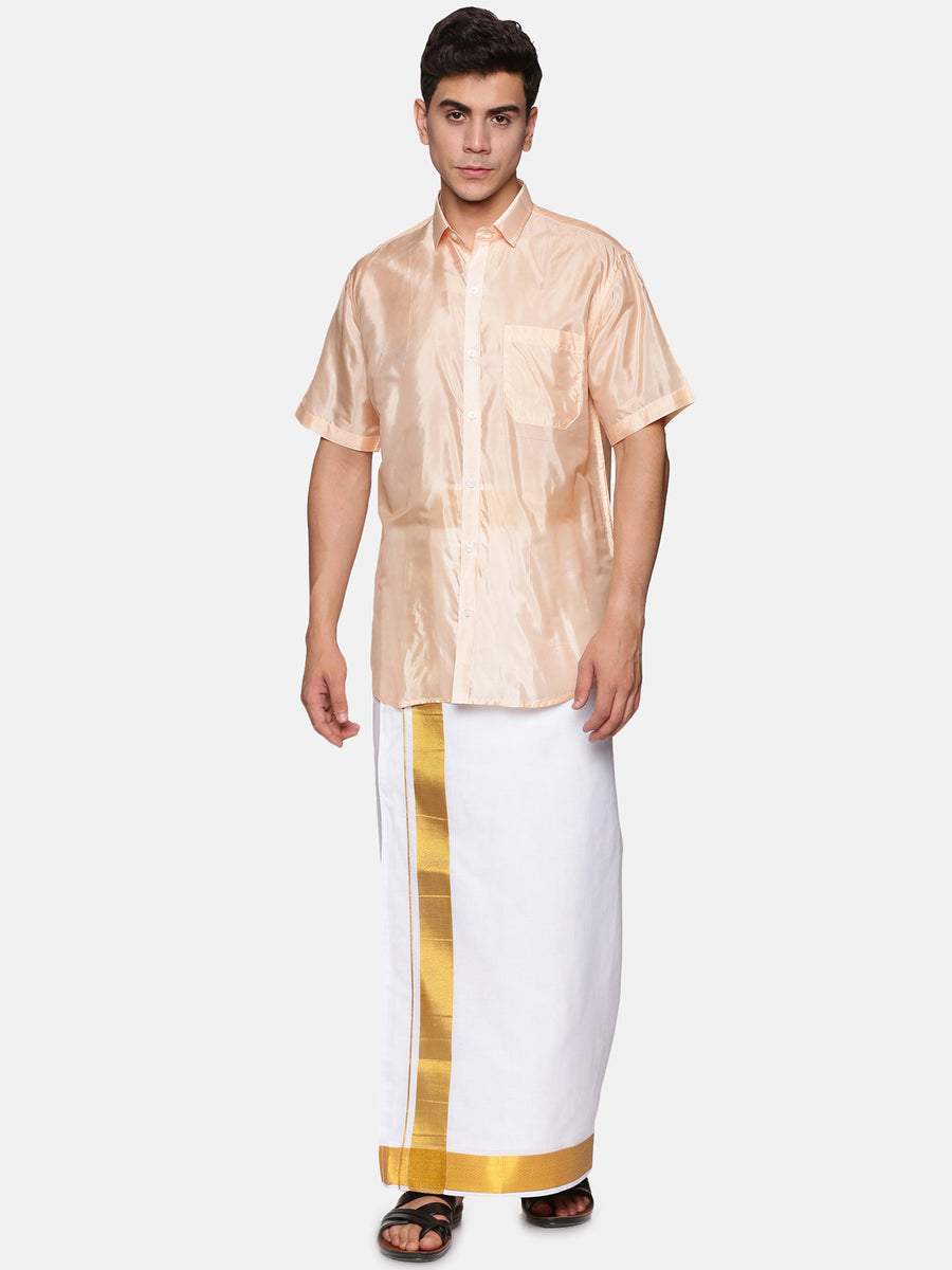 Men Artsilk Shirt and Solid White Ready to Wear Cotton Dhoti Set