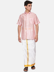 Men Artsilk Shirt and Solid White Ready to Wear Dhoti Set