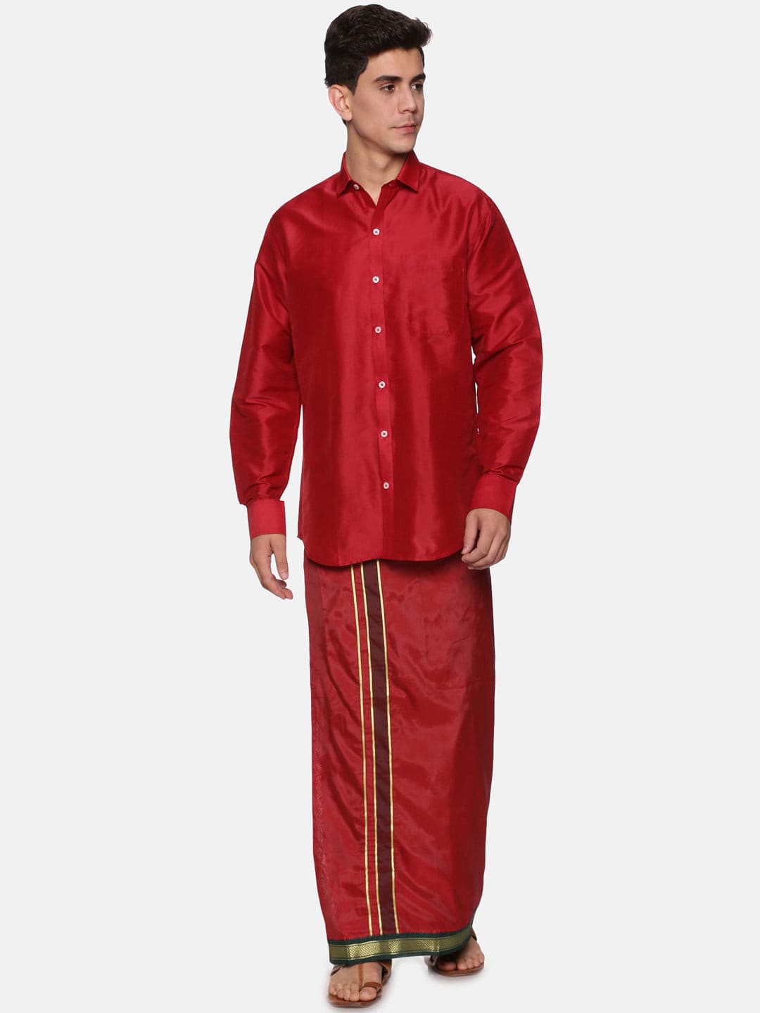 Men Solid Maroon Colour Full Sleeve Shirt Pocket Dhoti Set
