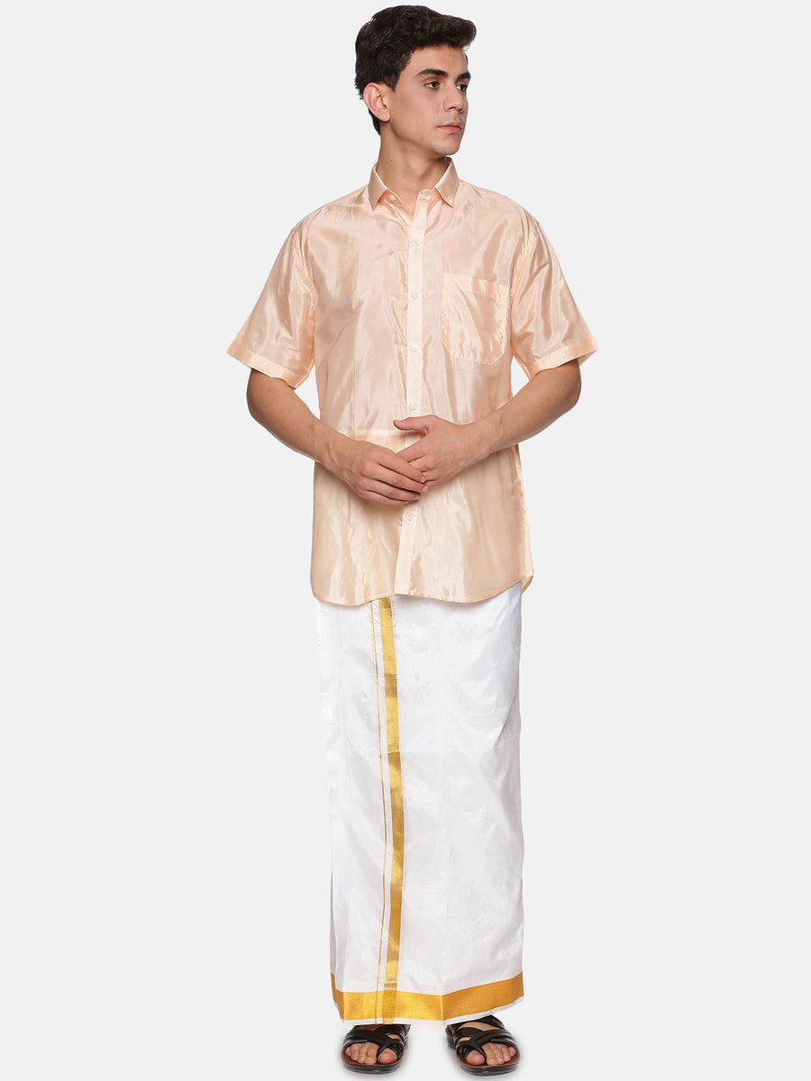 Men Artsilk Shirt and Solid White Ready to Wear Dhoti Set