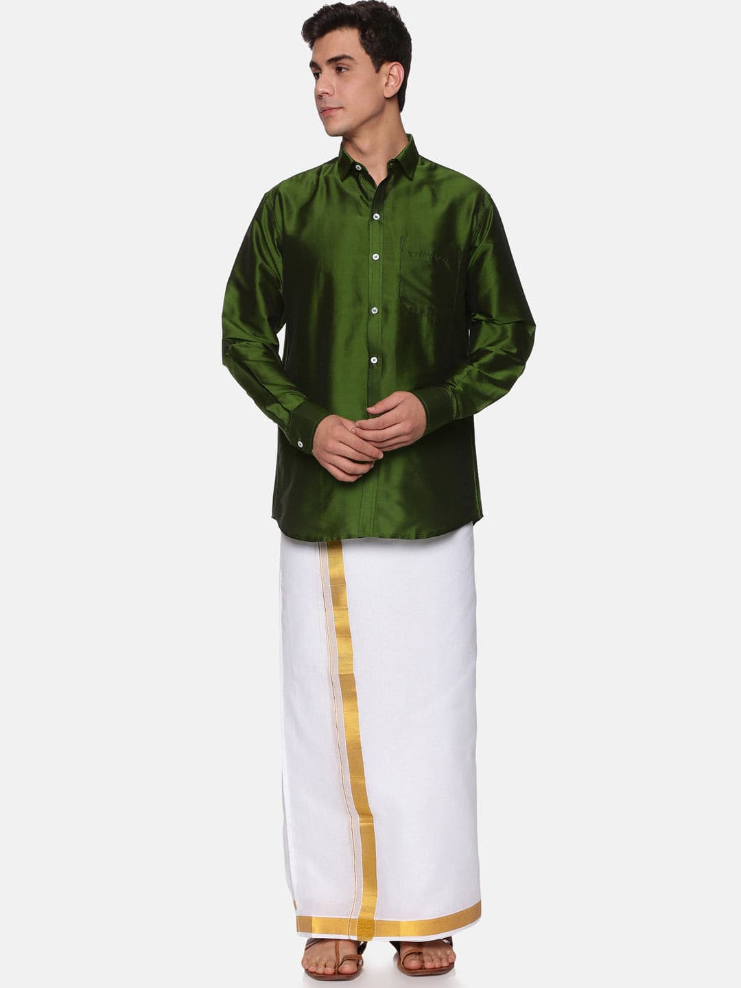 Men Solid Green Colour Full Sleeve Shirt Pocket Dhoti Angavastram Set.