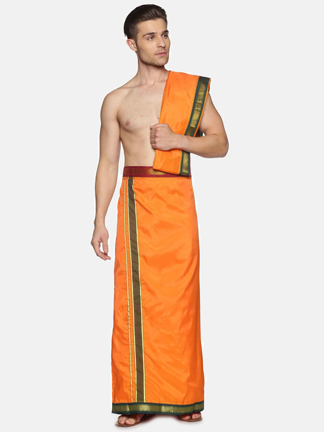 Men Orange Art Silk Readymade Dhoti With Angavastram Set