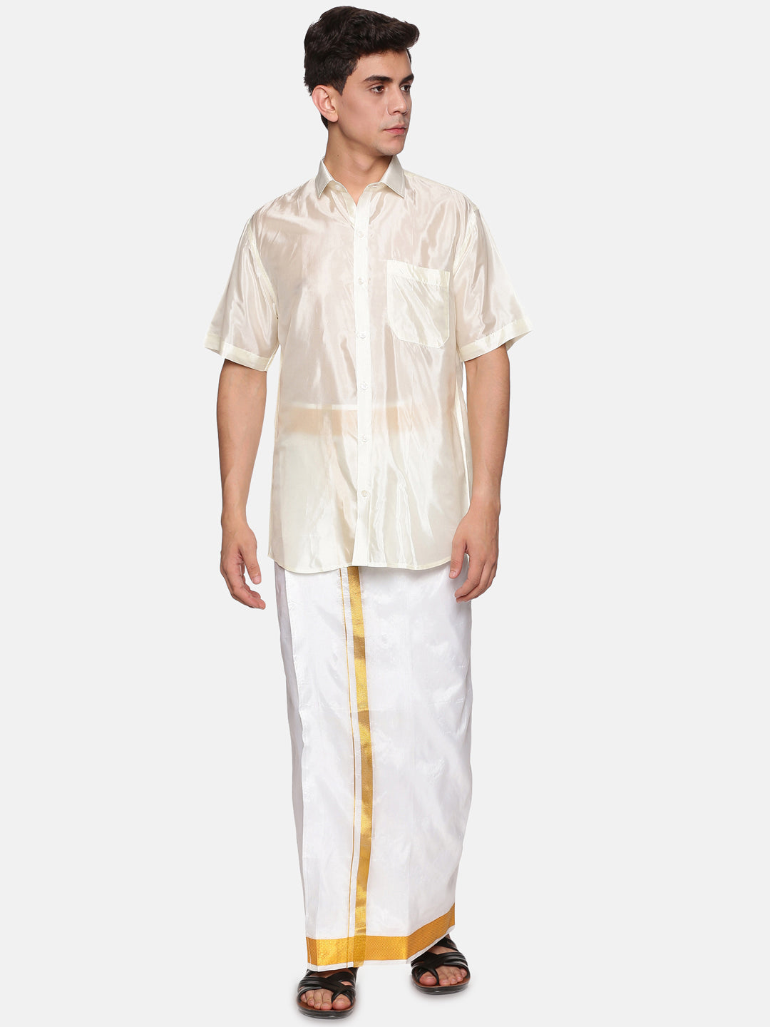 Men Artsilk Shirt and Solid White Ready to Wear Dhoti Set