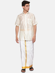 Men Artsilk Shirt and Solid White Ready to Wear Dhoti Set