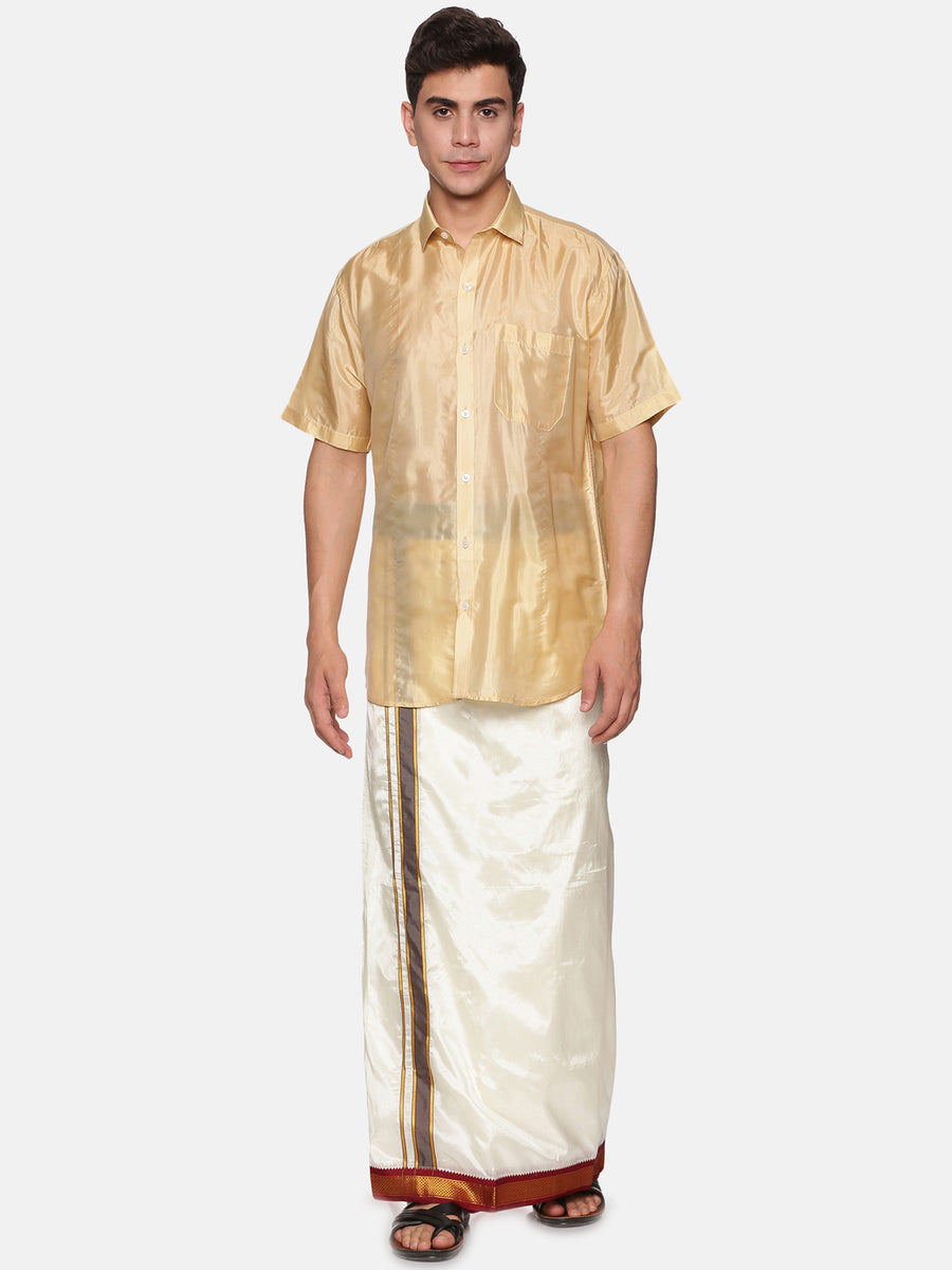 Men Artsilk Half Sleeve Shirt and Contrast Border Pocket Dhoti Set