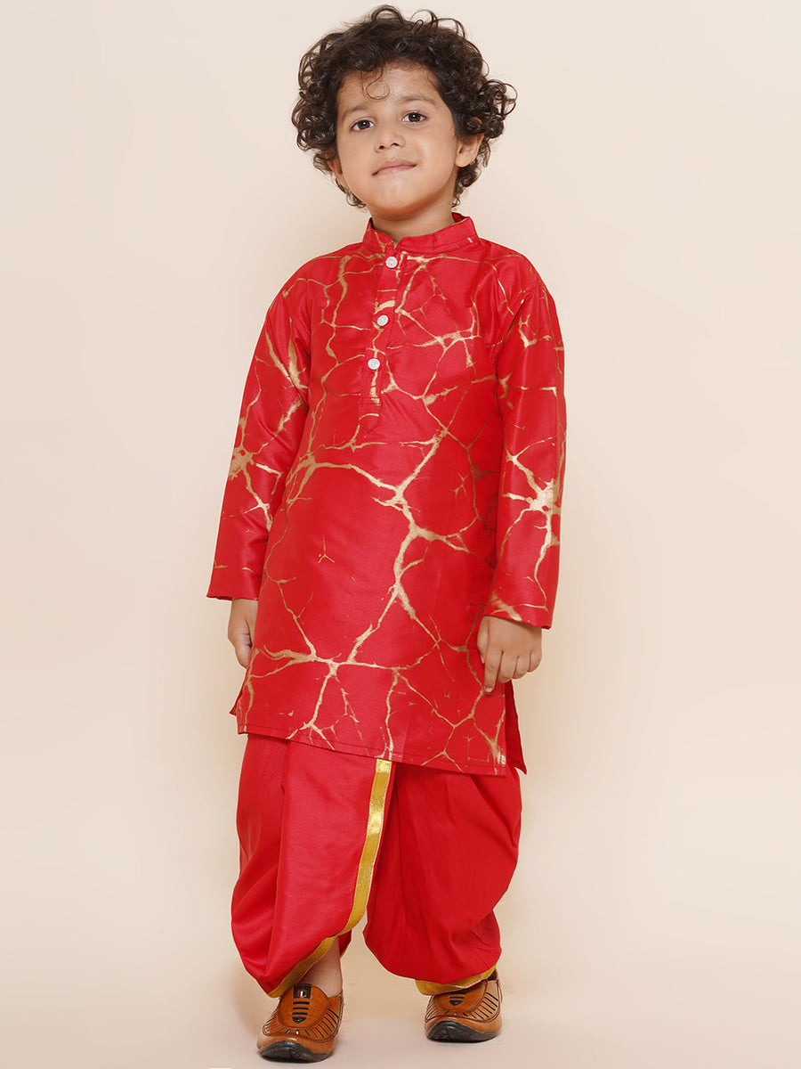 Sethukrishna Boys Marble Print Kurta and Gold Lace Dhotipant Set