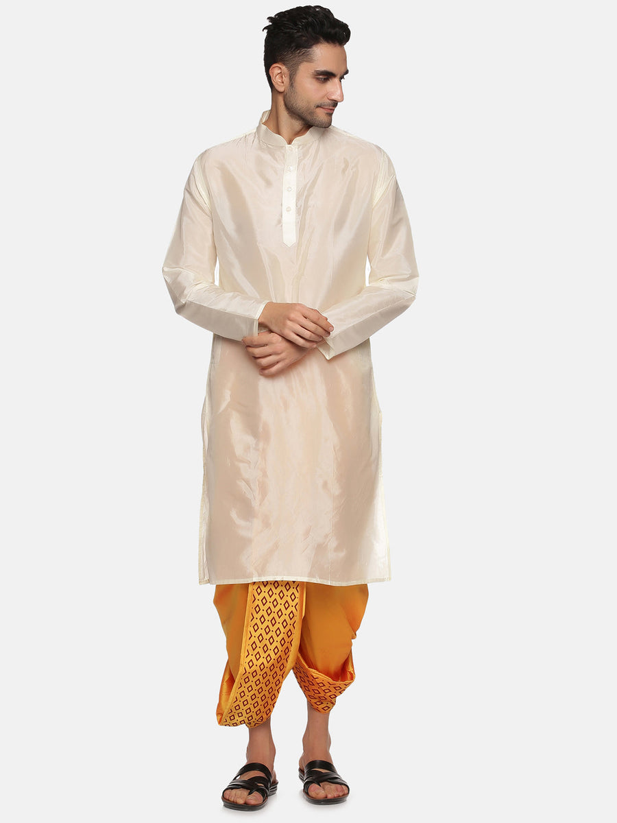 Men Yellow Colour Art Silk Kurta Dhoti Pant Set