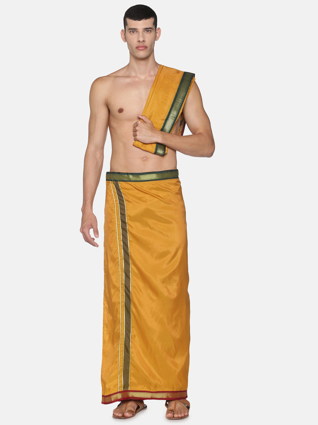 Men Mustard Art Silk Readymade Dhoti With Angavastram Set