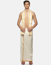 Men Cream Art Silk Readymade Dhoti With Angavastram Set.