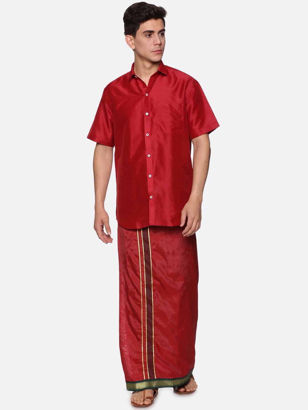 Men Solid Maroon Colour Half Sleeve Shirt Pocket Dhoti Set