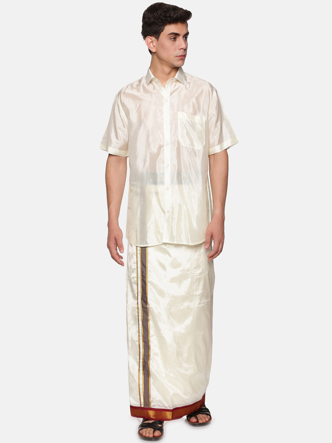 Men Artsilk Half Sleeve Shirt and Contrast Border Pocket Dhoti Set